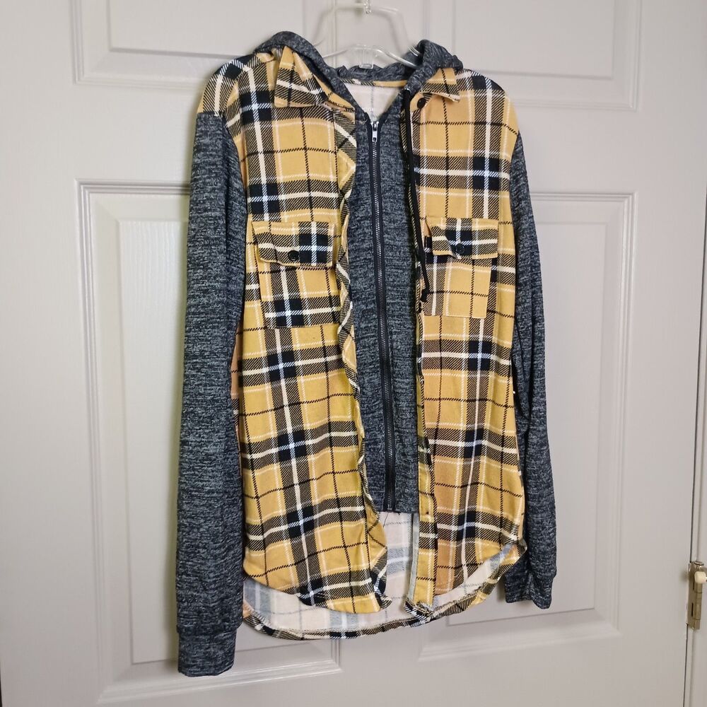 No Boundaries Womens Junior Zip Button Shirt Hooded Yellow Black Plaid Med 7/9